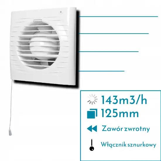 Wentylator Łazienkowy 125mm Zaw Zwrotny Sznurek